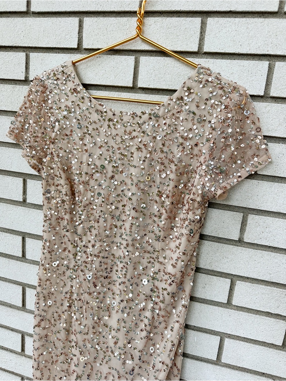 Adrianna Papell 10 Champagne Sequin Beaded Mesh Cocktail Sheath Party Dress - Picture 4 of 11